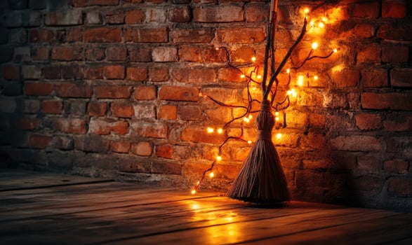 Witch's broom adorned with glowing garlands photo