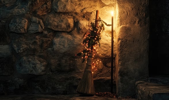 Witch's broom adorned with glowing garlands photo
