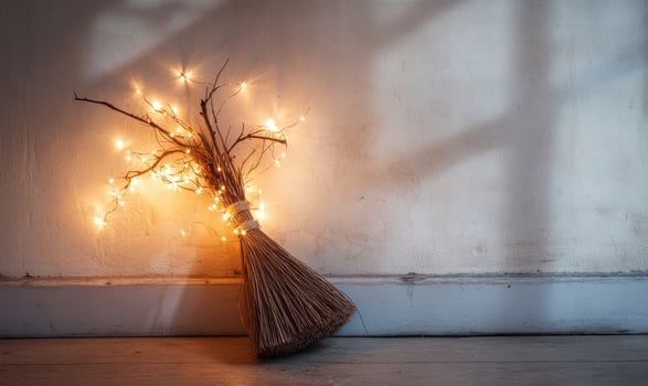 Witch's broom adorned with glowing garlands photo