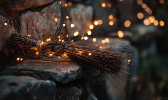 Witch's broom adorned with glowing garlands photo
