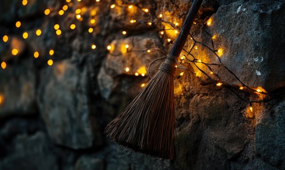 Witch's broom adorned with glowing garlands photo