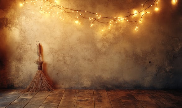 Witch's broom adorned with glowing garlands photo