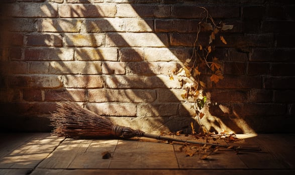 Witch's broom adorned with glowing garlands photo