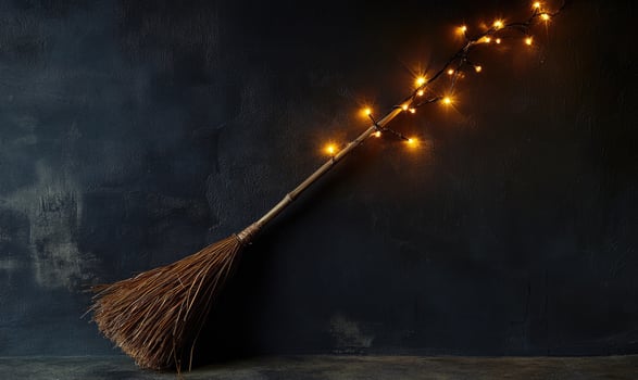 Witch's broom adorned with glowing garlands photo