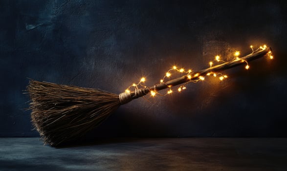 Witch's broom adorned with glowing garlands photo