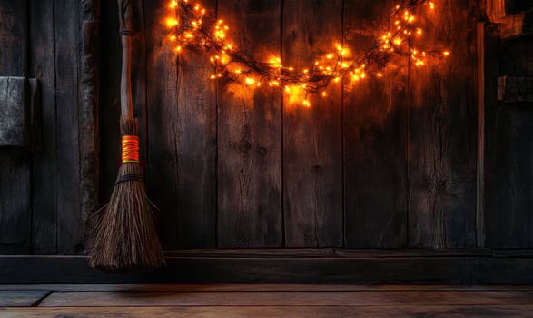 Witch's broom adorned with glowing garlands photo