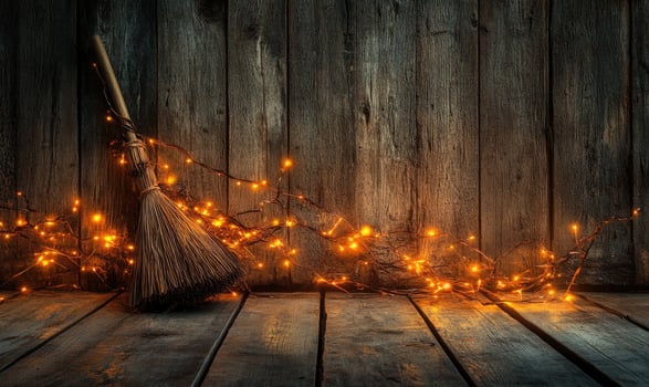 Witch's broom adorned with glowing garlands photo