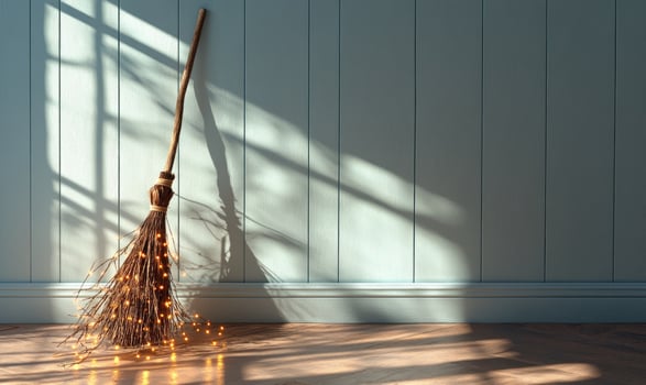 Witch's broom adorned with glowing garlands photo