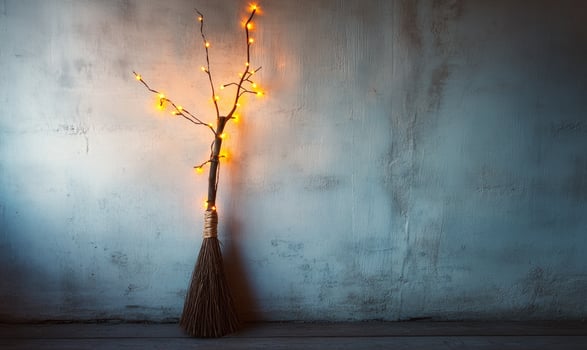 Simple witch's broom wrapped with warm orange fairy lights photo
