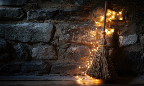 Witch's broom adorned with glowing garlands photo