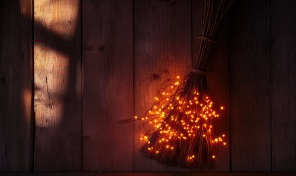 Witch's broom adorned with glowing garlands photo
