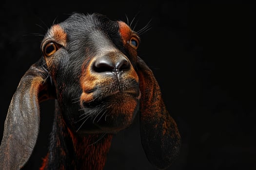 A goat with a black face and brown eyes photo