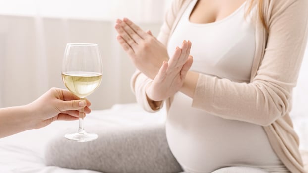 A pregnant woman sits in a sunlit room and firmly declines a glass of wine being offered to her by another person, emphasizing her commitment to a healthy pregnancy, cropped photo