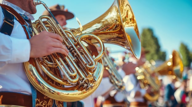 Musician Playing a Large Golden French Horn photo