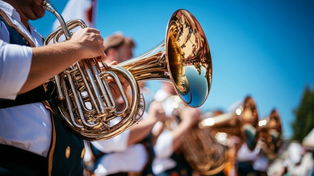 A Musician Playing a Shiny Brass Instrument Outdoors photo