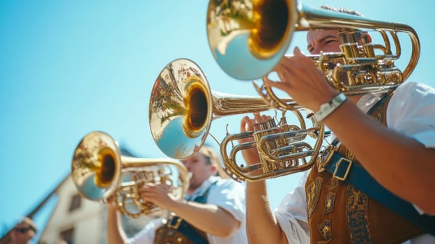 A Man Playing a Trumpet in a Band With a Blue Sky in the Background photo