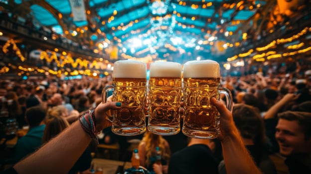 Three Full Beer Mugs Held High Above a Crowd at a Festival photo