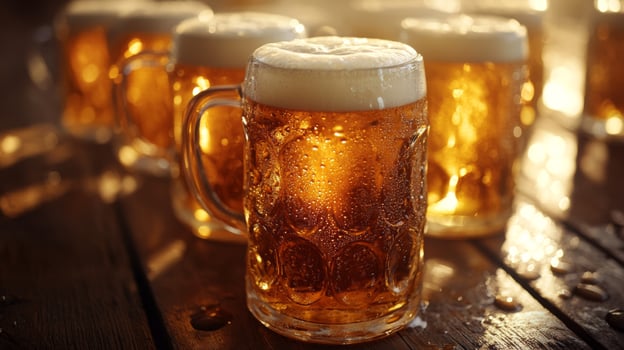 Beer mugs on a wooden table photo