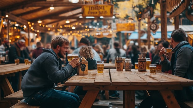 People sitting at tables at an outdoor beer garden photo
