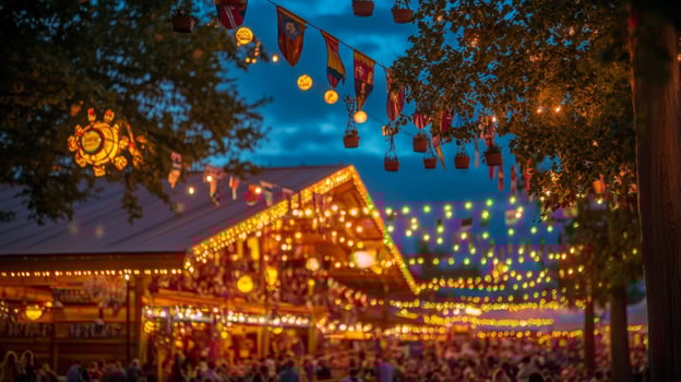 A large outdoor market with lights and people photo