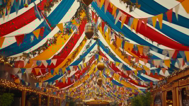 A colorful tent with bunting and flags hanging from the ceiling photo