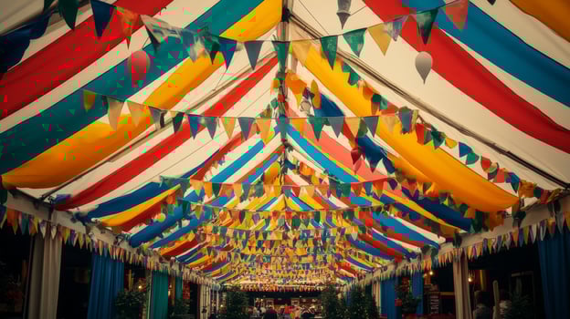 A colorful tent with bunting and flags photo