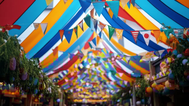 A colorful tent with bunting and decorations photo
