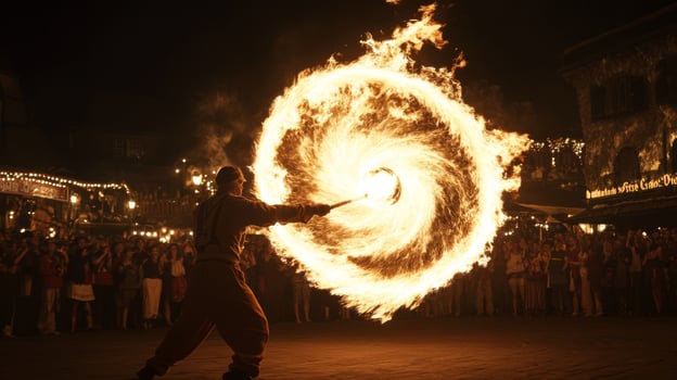A man with a fire ring in front of a crowd photo