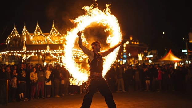 A man with fire in his hands at night photo