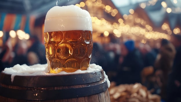 Frothy Beer in a Glass with a Wooden Barrel in the Foreground and a Blurred Crowd and Lights in the Background photo