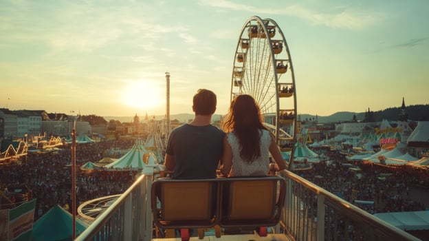 Couple Riding Ferris Wheel at a Sunset Carnival photo