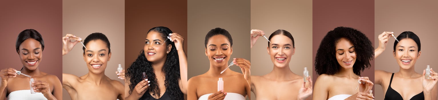 This image shows six diverse women applying facial serum to their skin. The women are all smiling and appear to be enjoying the process of applying the serum. photo