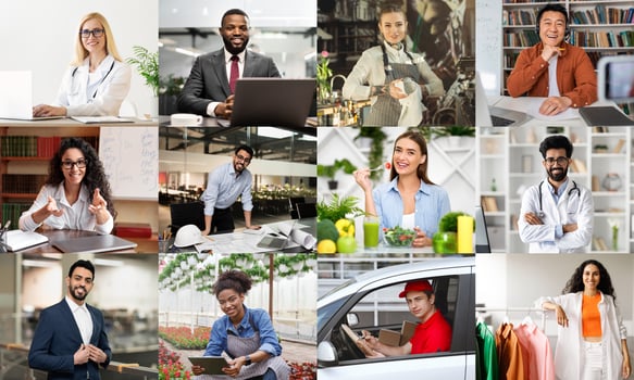 A collage featuring nine diverse individuals from different backgrounds, showcasing a variety of professions, workplaces, and activities. photo