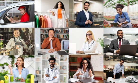This collage features a diverse group of individuals working in a variety of professional settings. The image highlights the different ways people work and contribute to society. photo