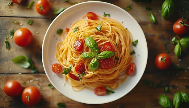 Spaghetti with tomatoes and basil leaves on a wooden table photo