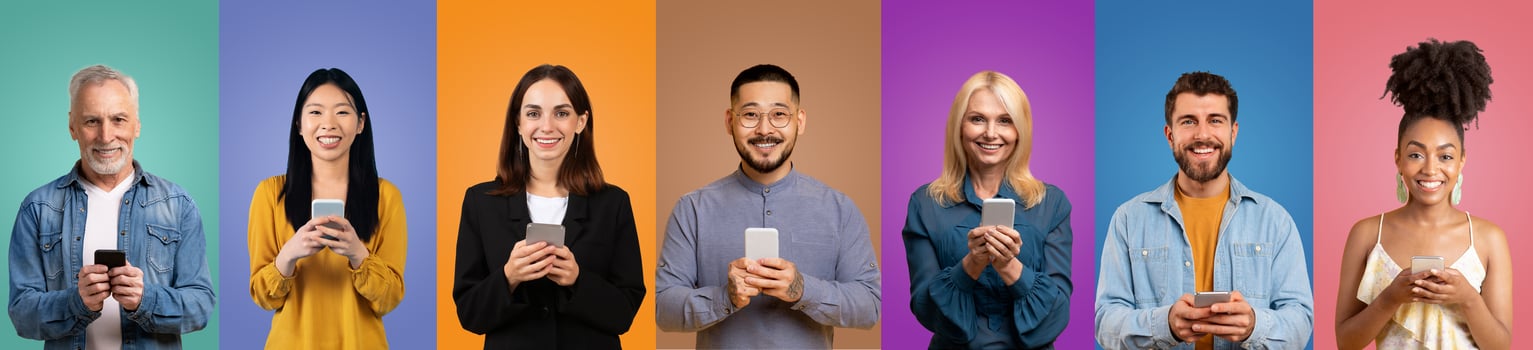 A diverse group of individuals smiles while using smartphones. Each person stands against a distinct colored background, showcasing unity and modern technology in a bright setting. photo