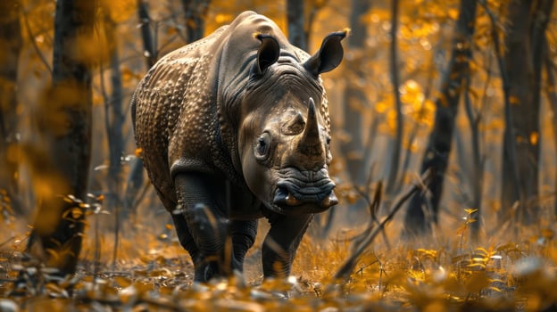 A majestic hippo in the midst of autumn leaves, surrounded by tall trees with fall foliage. photo