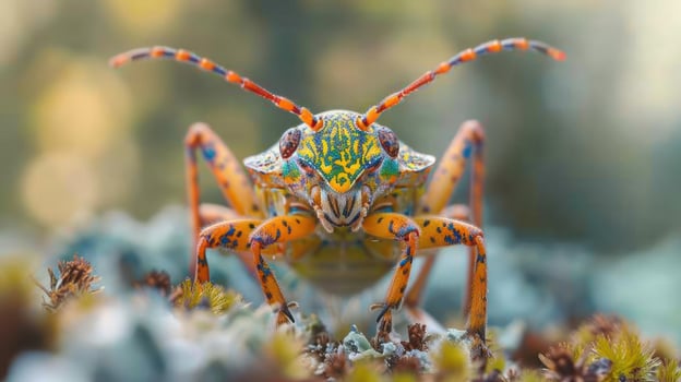 A close-up of a colorful grasshopper perched on moss, photo