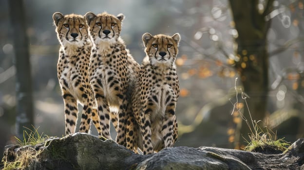 A family of three cheetah cubs standing on a rock formation, photo