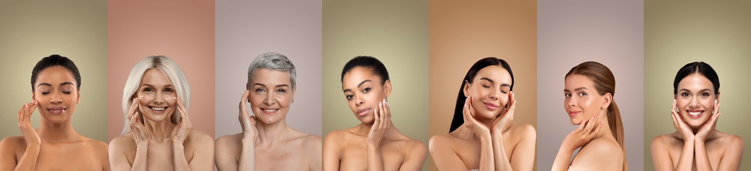 Seven multiethnic women of different ages and hair colors stand against a color gradient background. Each woman is smiling and touching her face with both hands. They are bare-chested. photo