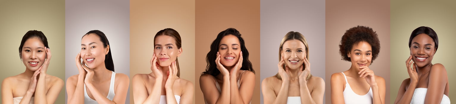 Seven women with diverse skin tones and hairstyles smile and touch their faces. They are positioned against individual colored backdrops. Each woman is dressed in a white tank top. photo