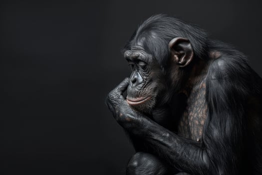 A chimpanzee sitting down with his hand on his chin photo