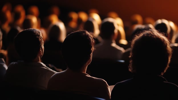 Attendees sit focused in a darkened auditorium, absorbing insights from a speaker during a conference. photo