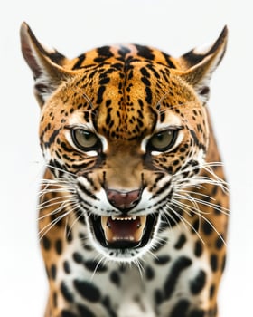 An angry jaguar is shown in front of a white background photo