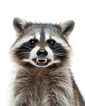A raccoon with its mouth open and a white background photo