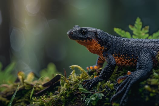 A black and orange lizard sitting on top of a moss covered tree photo