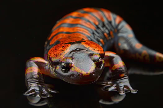 A red and black lizard on a black background photo