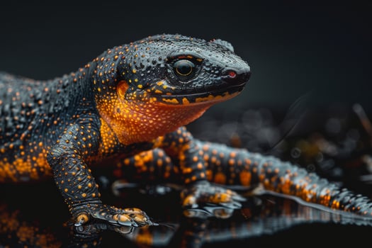 A close up of a black and orange lizard photo