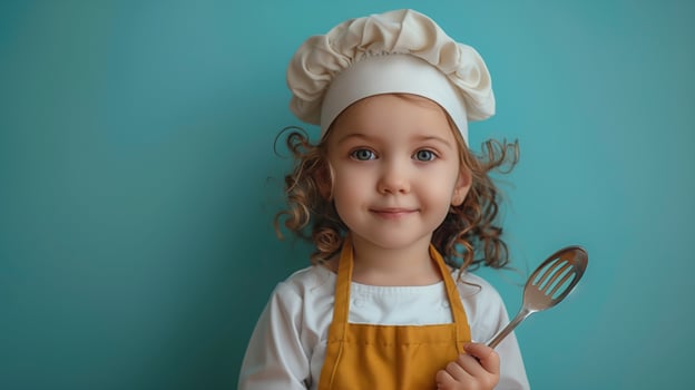 A young girl dressed in a chefs uniform, complete with a white hat, stands confidently holding a slotted spoon in front of a blue background. photo
