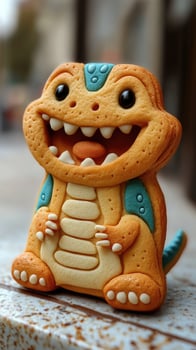 Smiling dragon shaped cookie baking on marble countertop photo